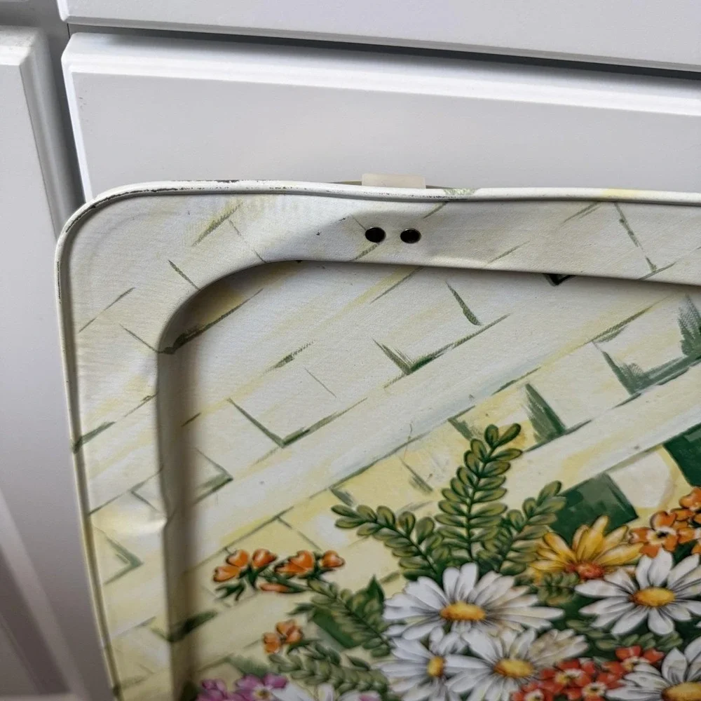 Mcm Metal Floral Tv Tray Set Of 4 With Rolling Cart Stand Cottagecore Garden VTG